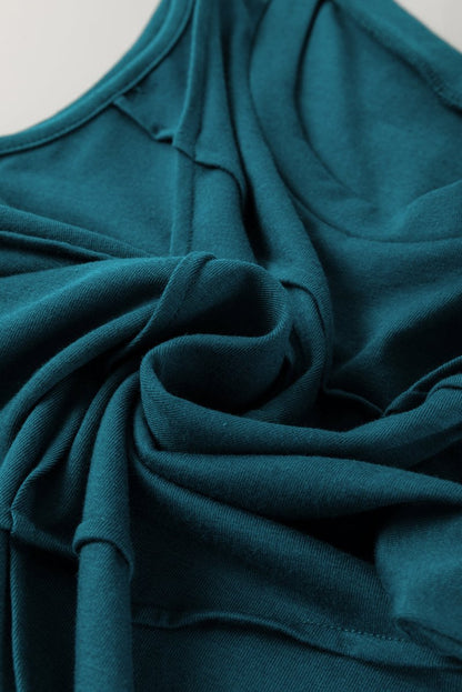 Blue Sapphire Solid Color Stitching Detail Round Neck Tank Top for Casual Wear - Love Salve 