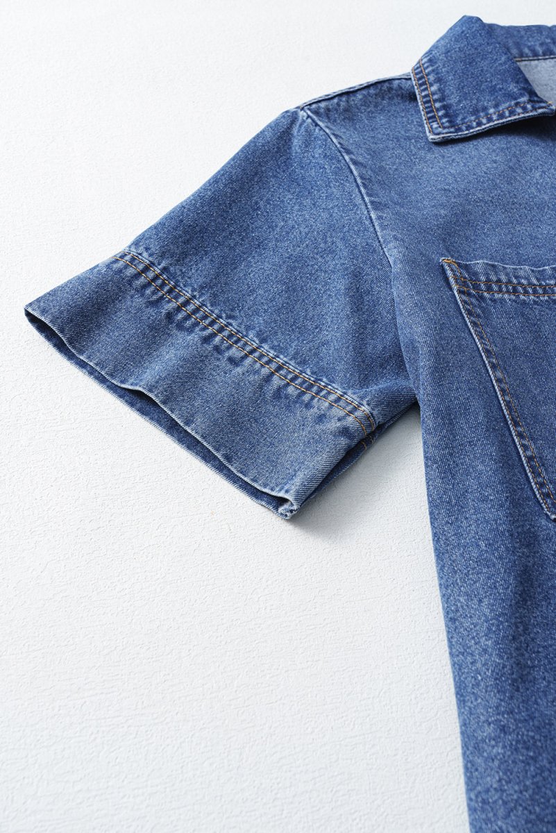 Blue Short Sleeve Collared Patched Pocket Denim Mini Dress - Love Salve 
