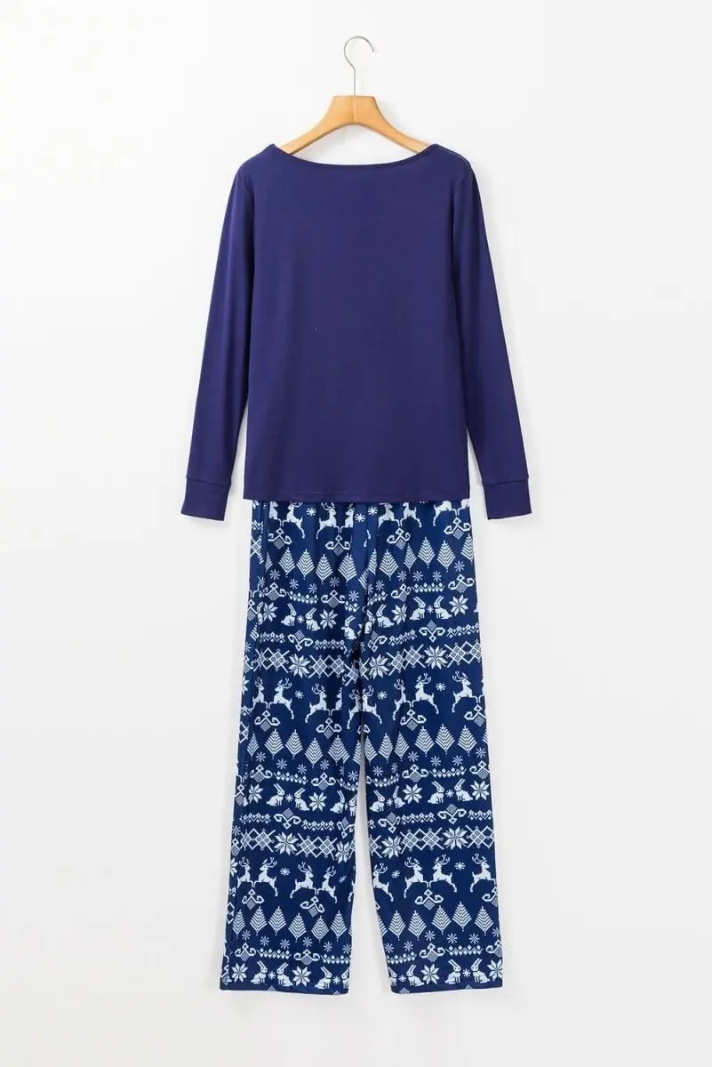 Blue Solid Top and Christmas Pants Two Piece Lounge Set - Love Salve 