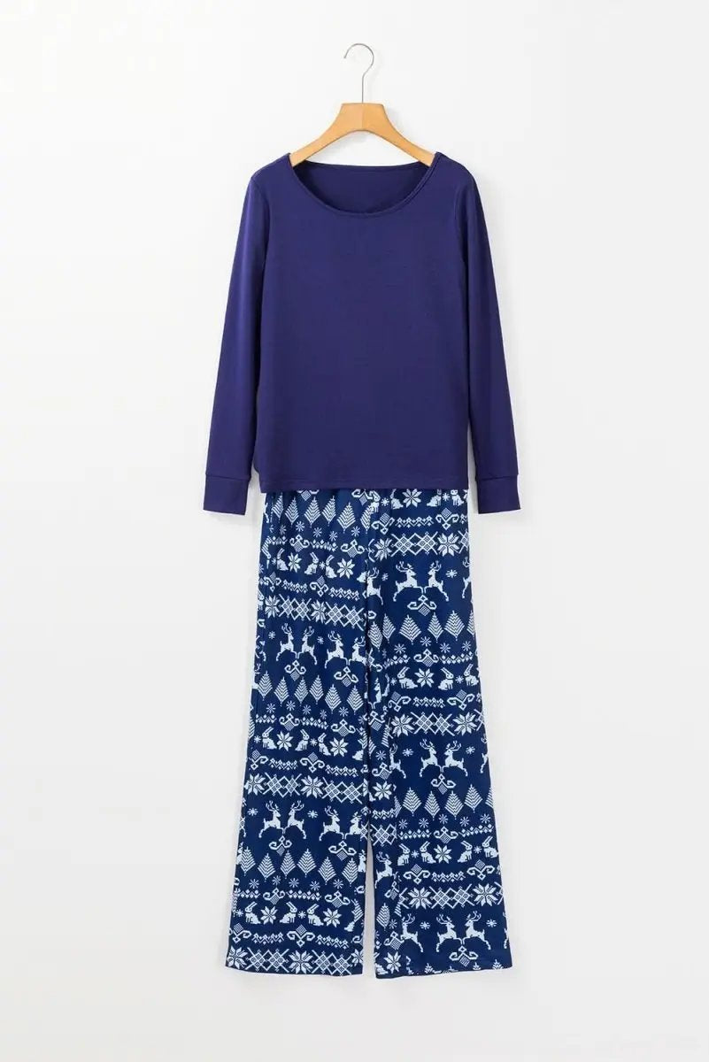 Blue Solid Top and Christmas Pants Two Piece Lounge Set - Love Salve 