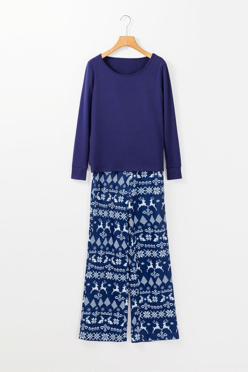 Blue Solid Top and Christmas Pants Two Piece Lounge Set - Love Salve
