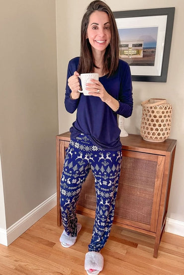 Blue Solid Top and Christmas Pants Two Piece Lounge Set - Love Salve