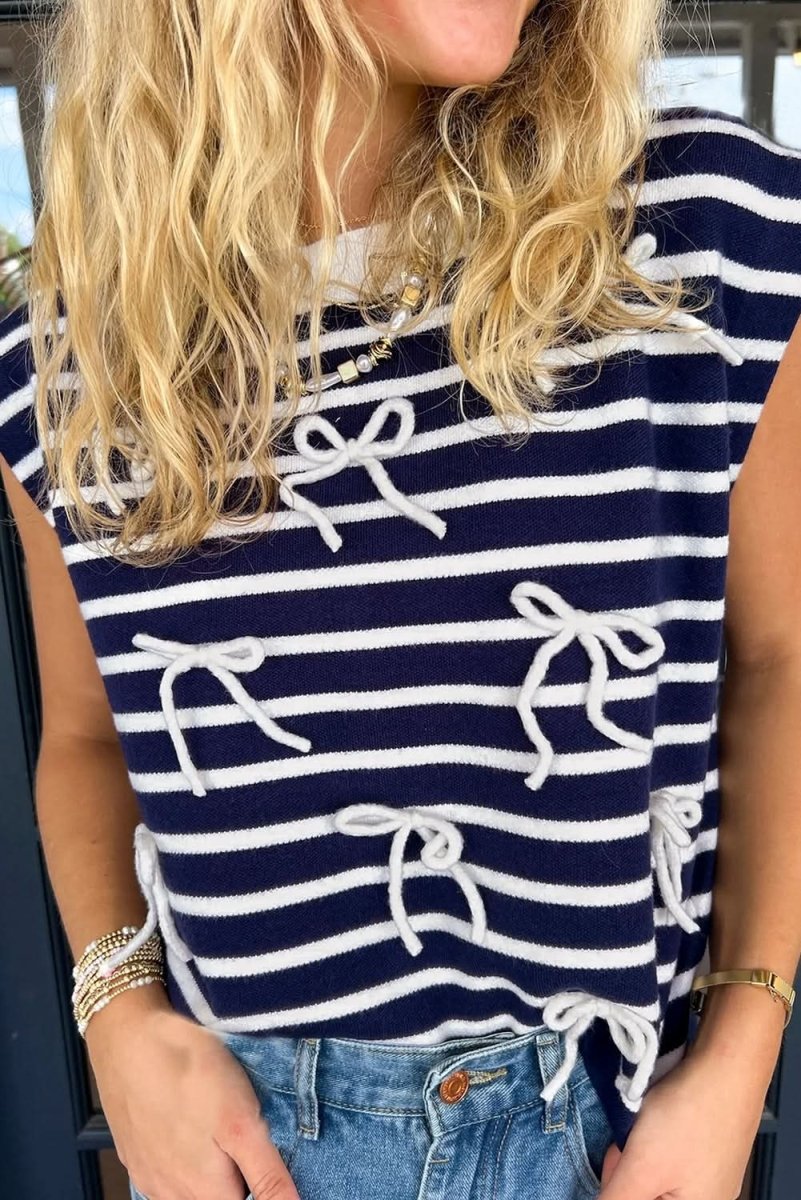 Blue Stripe Knitted Bow Decor Sweater Vest - Love Salve 