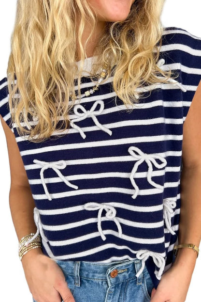 Blue Stripe Knitted Bow Decor Sweater Vest - Love Salve 