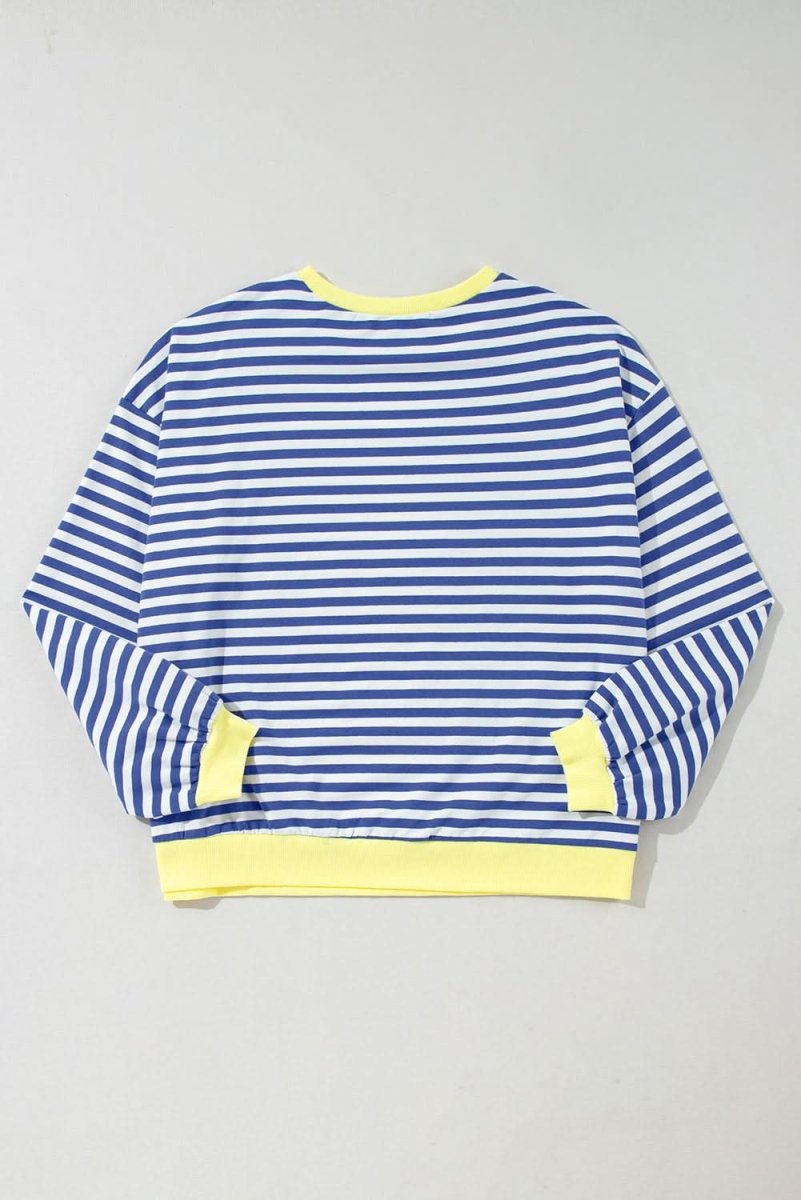 Blue Stripe Oversized Contrast Trim Pullover Sweatshirt - Love Salve 