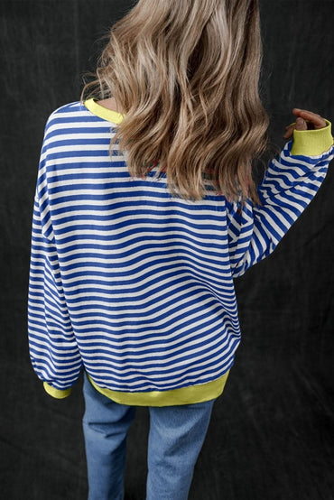 Blue Stripe Oversized Contrast Trim Pullover Sweatshirt - Love Salve 