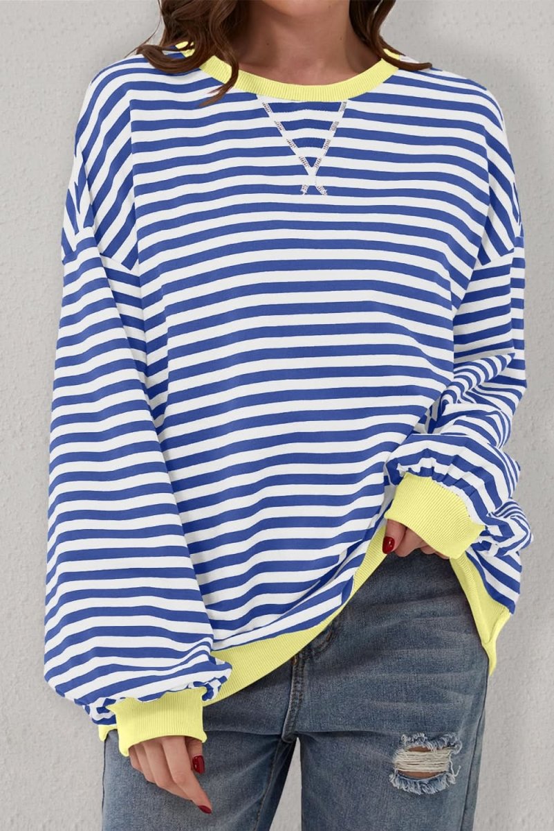 Blue Stripe Oversized Contrast Trim Pullover Sweatshirt - Love Salve 