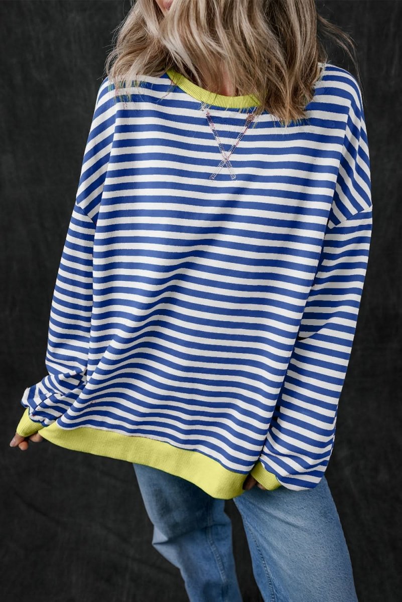 Blue Stripe Oversized Contrast Trim Pullover Sweatshirt - Love Salve 
