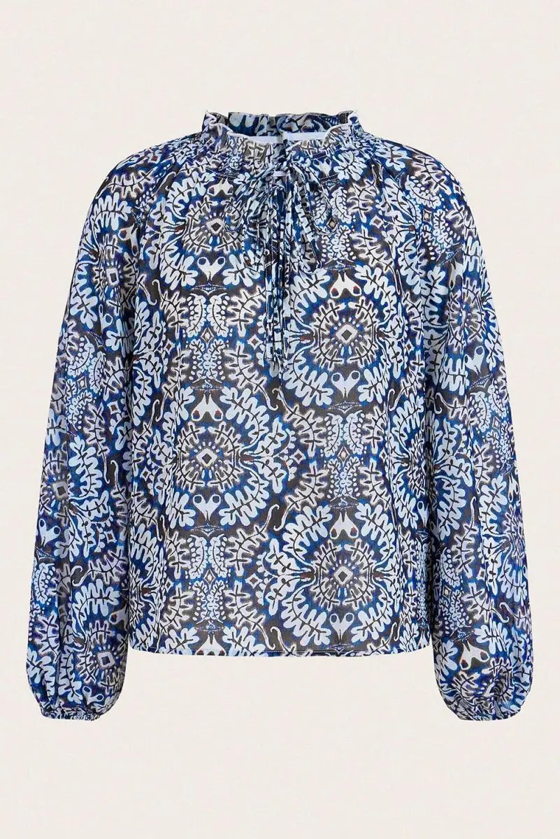 Blue Tribal Print Lace-up Frilled Neck Puff Sleeve Blouse - Love Salve 