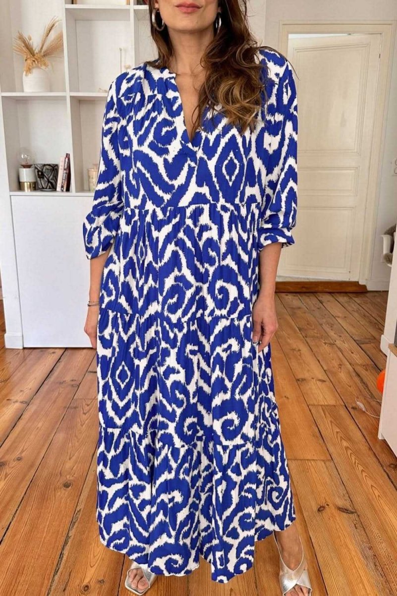 Blue Western Abstract Geometric Printed Maxi Dress - Love Salve 
