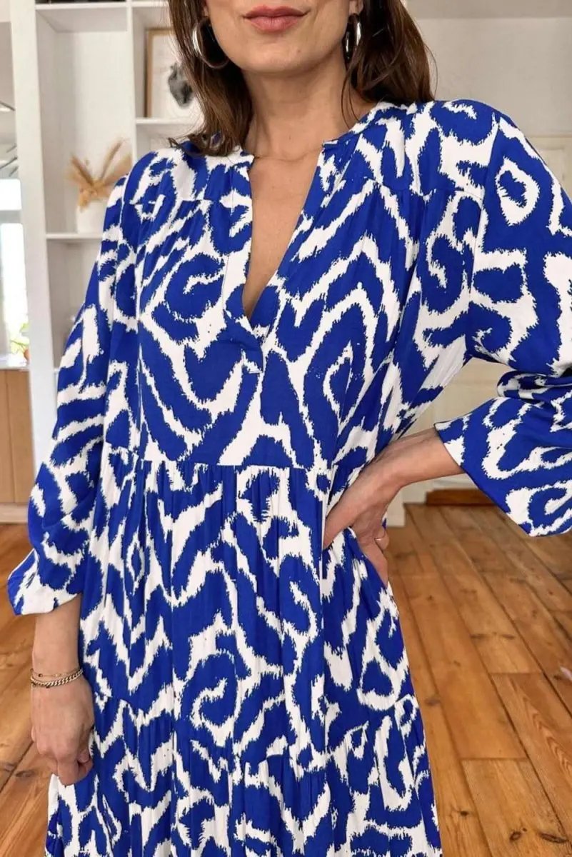 Blue Western Abstract Geometric Printed Maxi Dress - Love Salve 