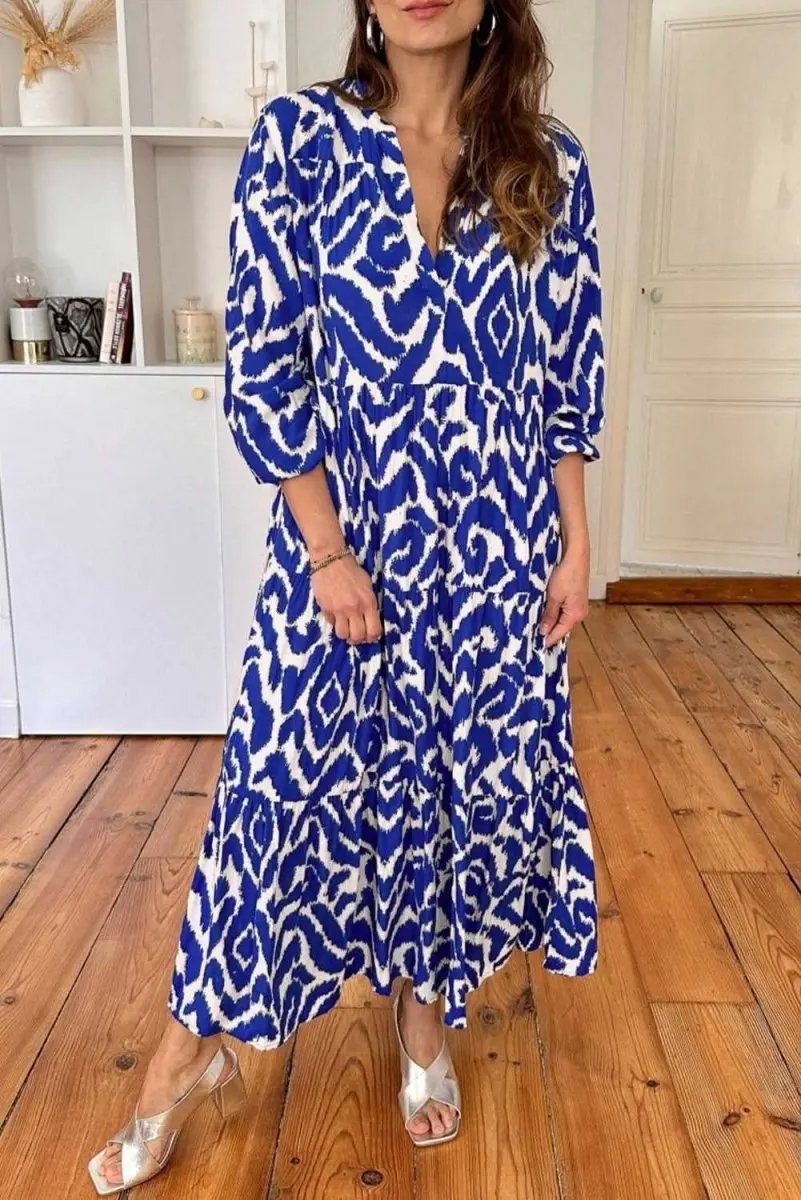 Blue Western Abstract Geometric Printed Maxi Dress - Love Salve 