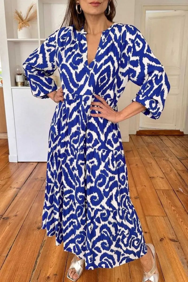 Blue Western Abstract Geometric Printed Maxi Dress - Love Salve 