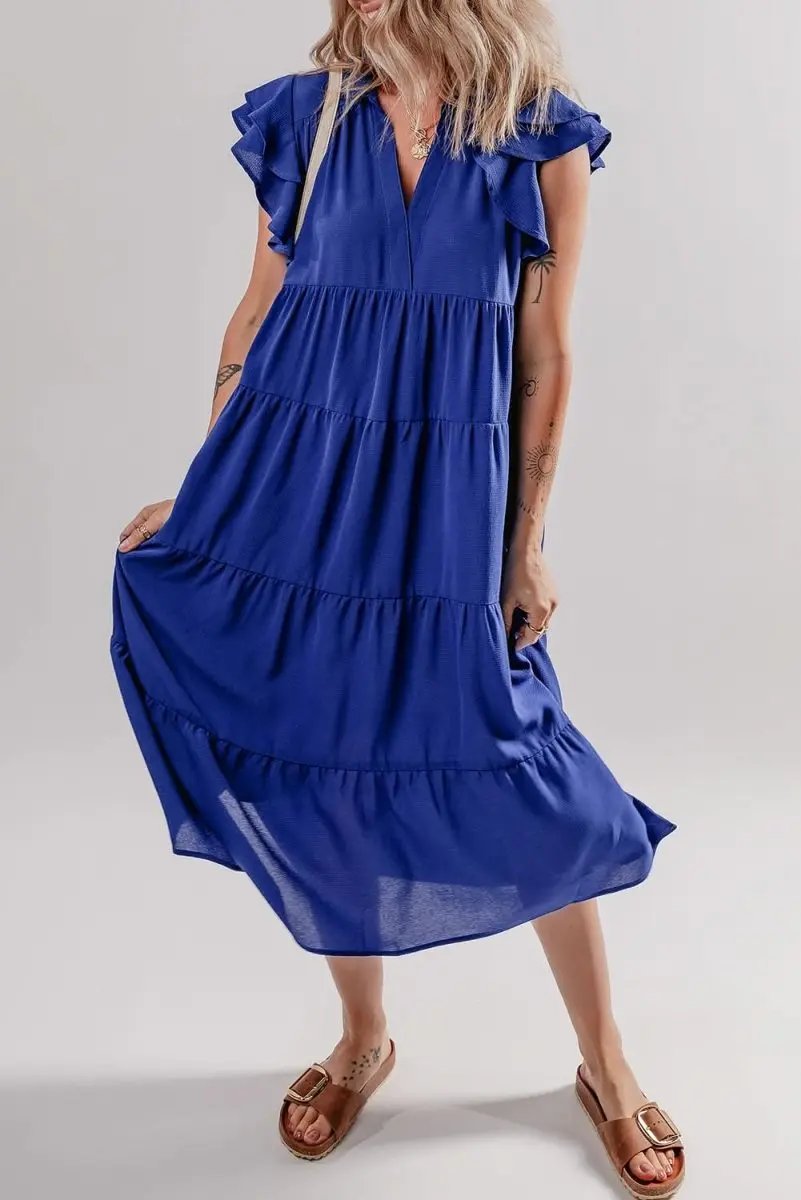 Bluing Tiered Midi Dress with Ruffled Sleeves and V Neck - Love Salve 