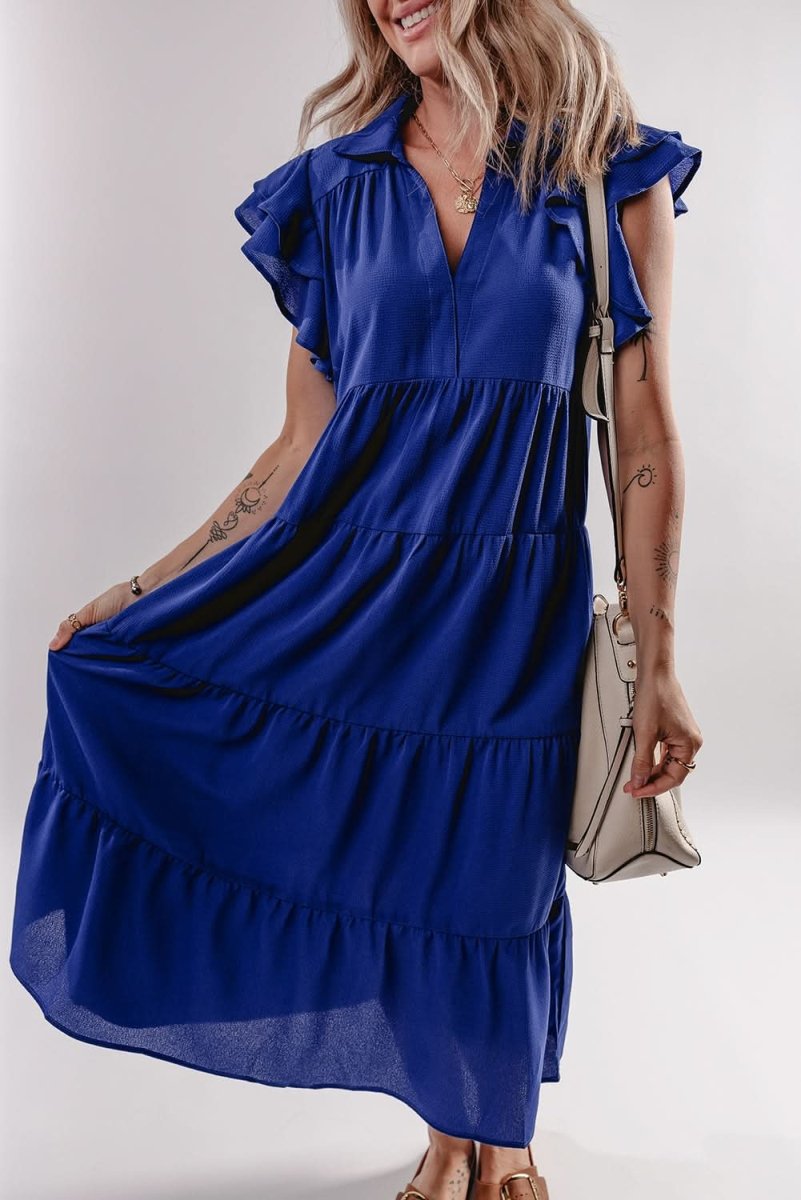 Bluing Tiered Midi Dress with Ruffled Sleeves and V Neck - Love Salve 