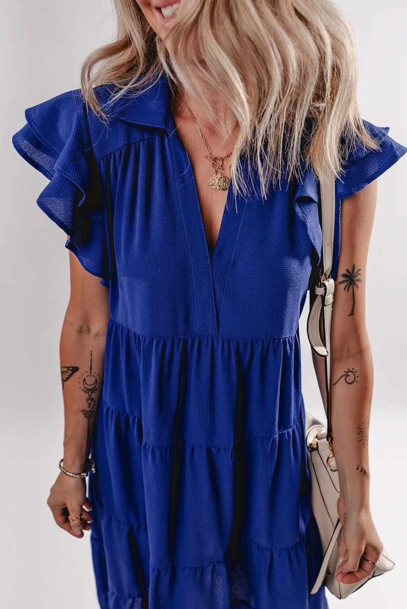 Bluing Tiered Midi Dress with Ruffled Sleeves and V Neck - Love Salve 