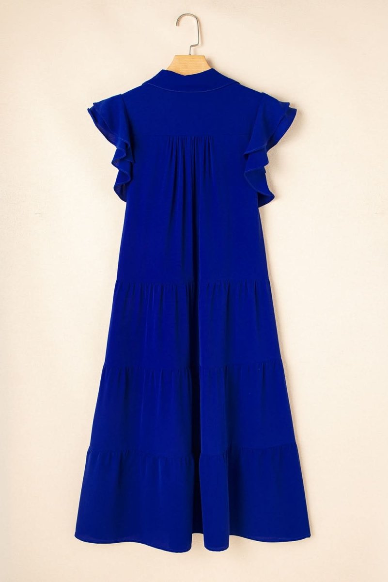Bluing Tiered Midi Dress with Ruffled Sleeves and V Neck - Love Salve 