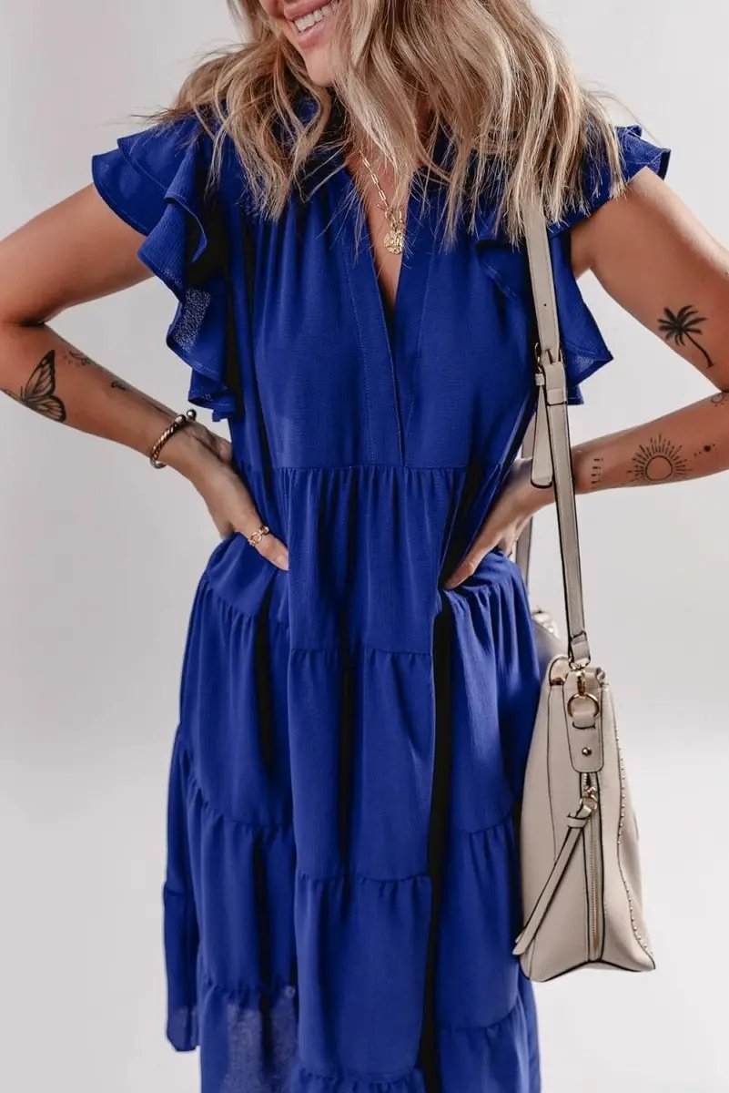 Bluing Tiered Midi Dress with Ruffled Sleeves and V Neck - Love Salve 