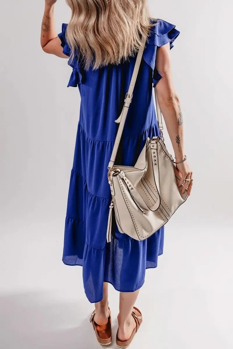 Bluing Tiered Midi Dress with Ruffled Sleeves and V Neck - Love Salve 