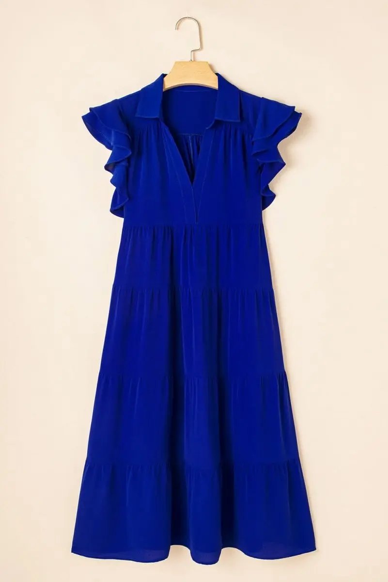 Bluing Tiered Midi Dress with Ruffled Sleeves and V Neck - Love Salve 