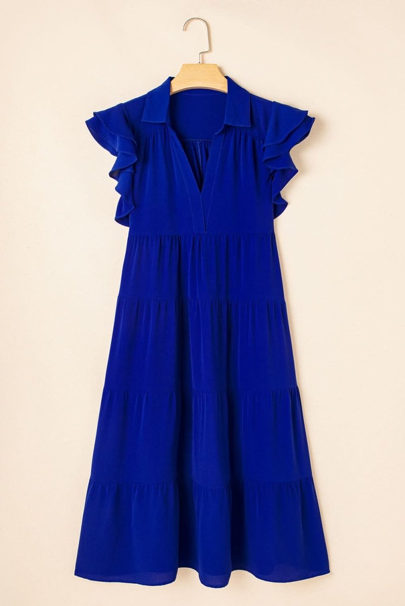 Bluing Tiered Midi Dress with Ruffled Sleeves and V Neck - Love Salve 