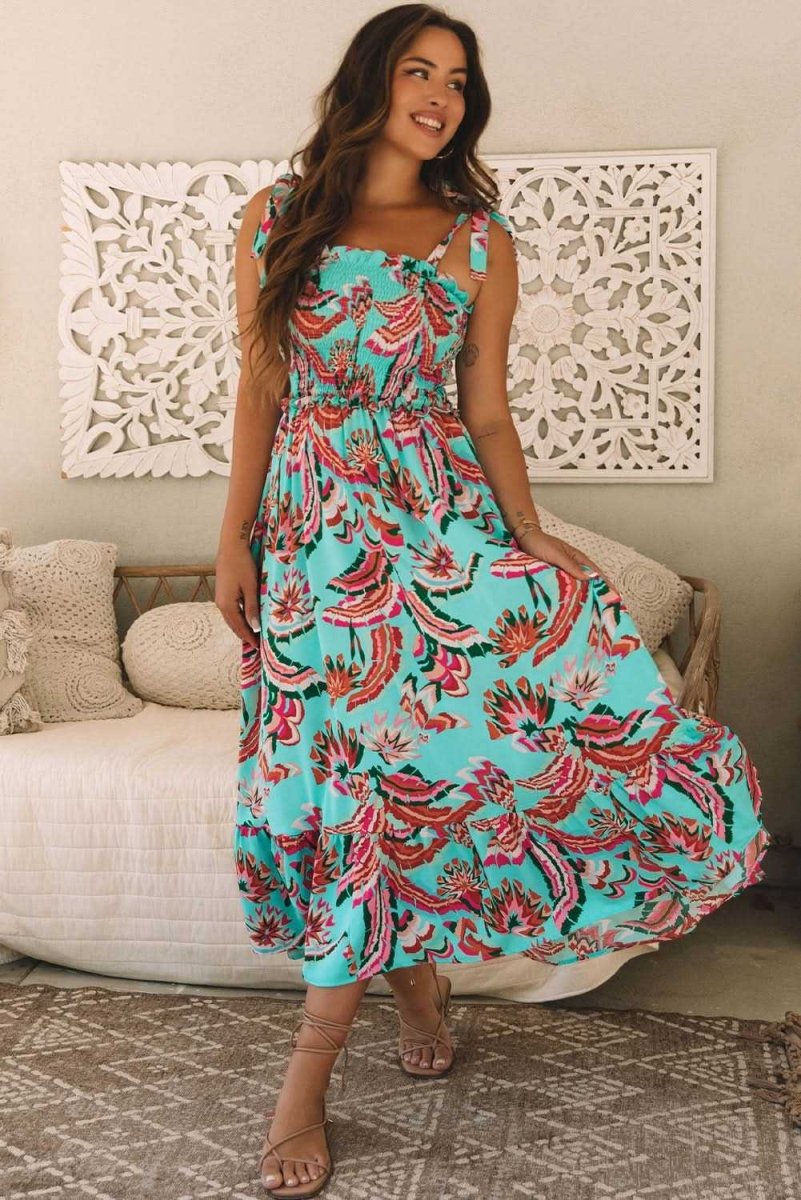 Bohemian Green Abstract Print Ruffled Maxi Dress with Smocked Bodice and Knotted Straps - Love Salve 