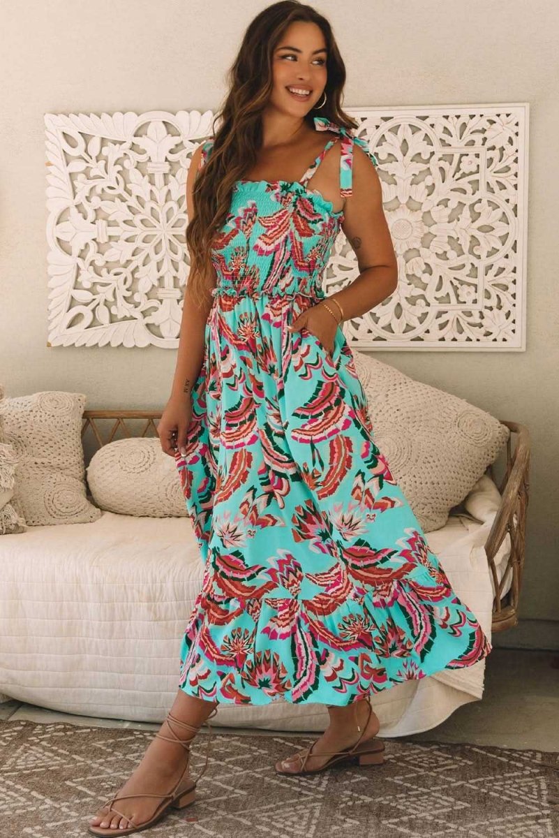 Bohemian Green Abstract Print Ruffled Maxi Dress with Smocked Bodice and Knotted Straps - Love Salve 