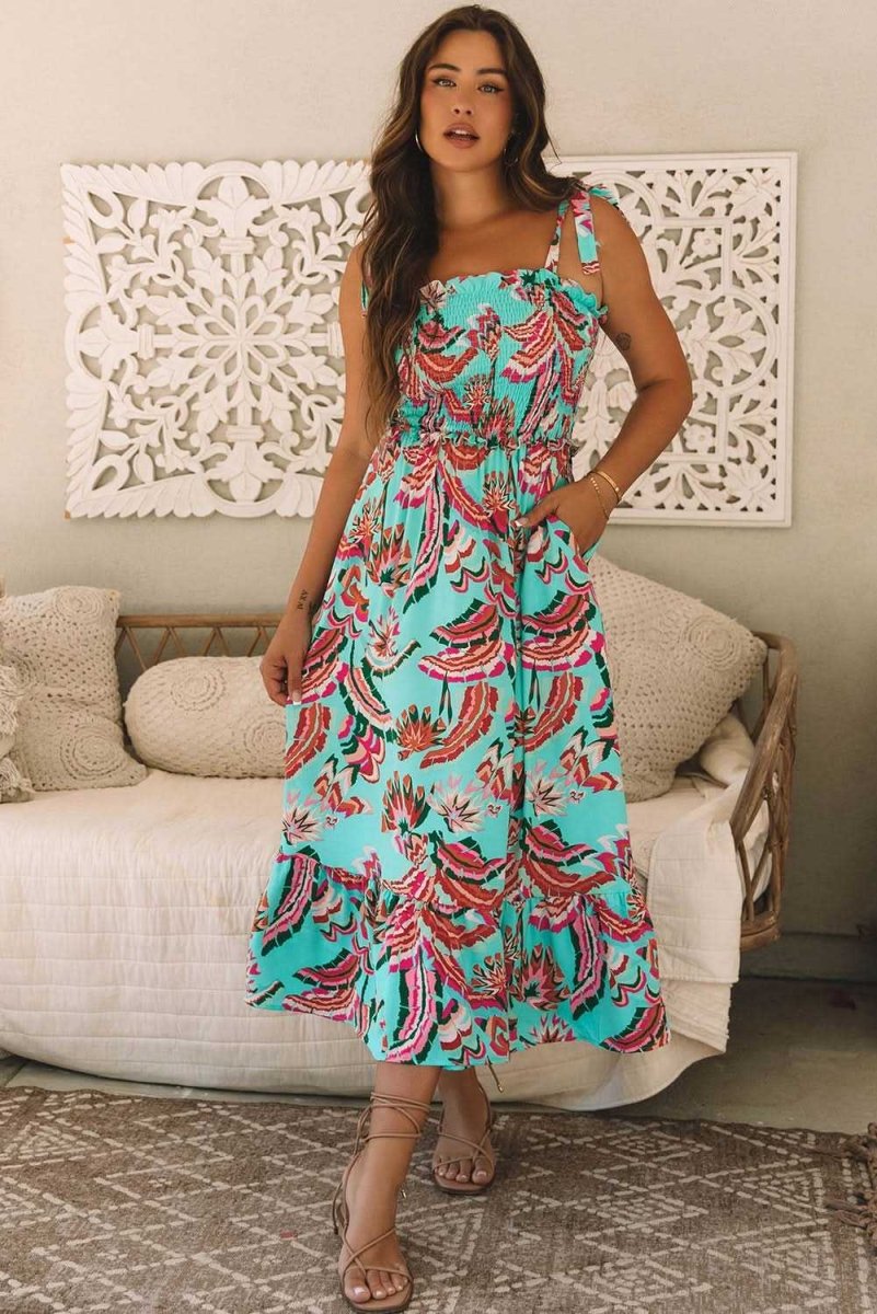 Bohemian Green Abstract Print Ruffled Maxi Dress with Smocked Bodice and Knotted Straps - Love Salve 