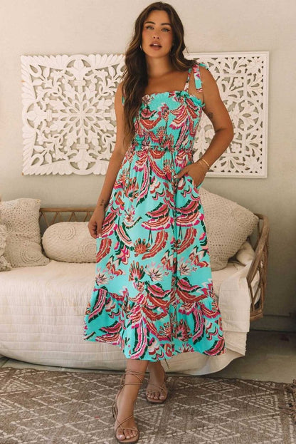 Bohemian Green Abstract Print Ruffled Maxi Dress with Smocked Bodice and Knotted Straps - Love Salve 