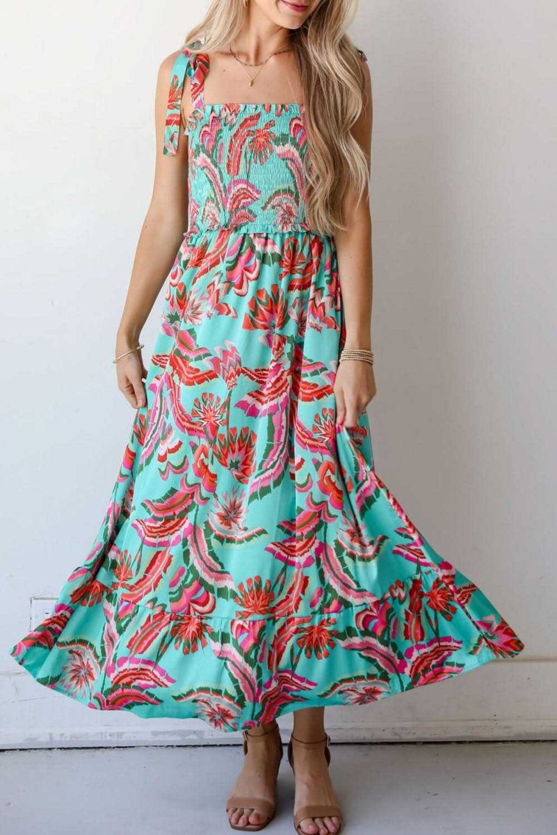 Bohemian Green Abstract Print Ruffled Maxi Dress with Smocked Bodice and Knotted Straps - Love Salve 