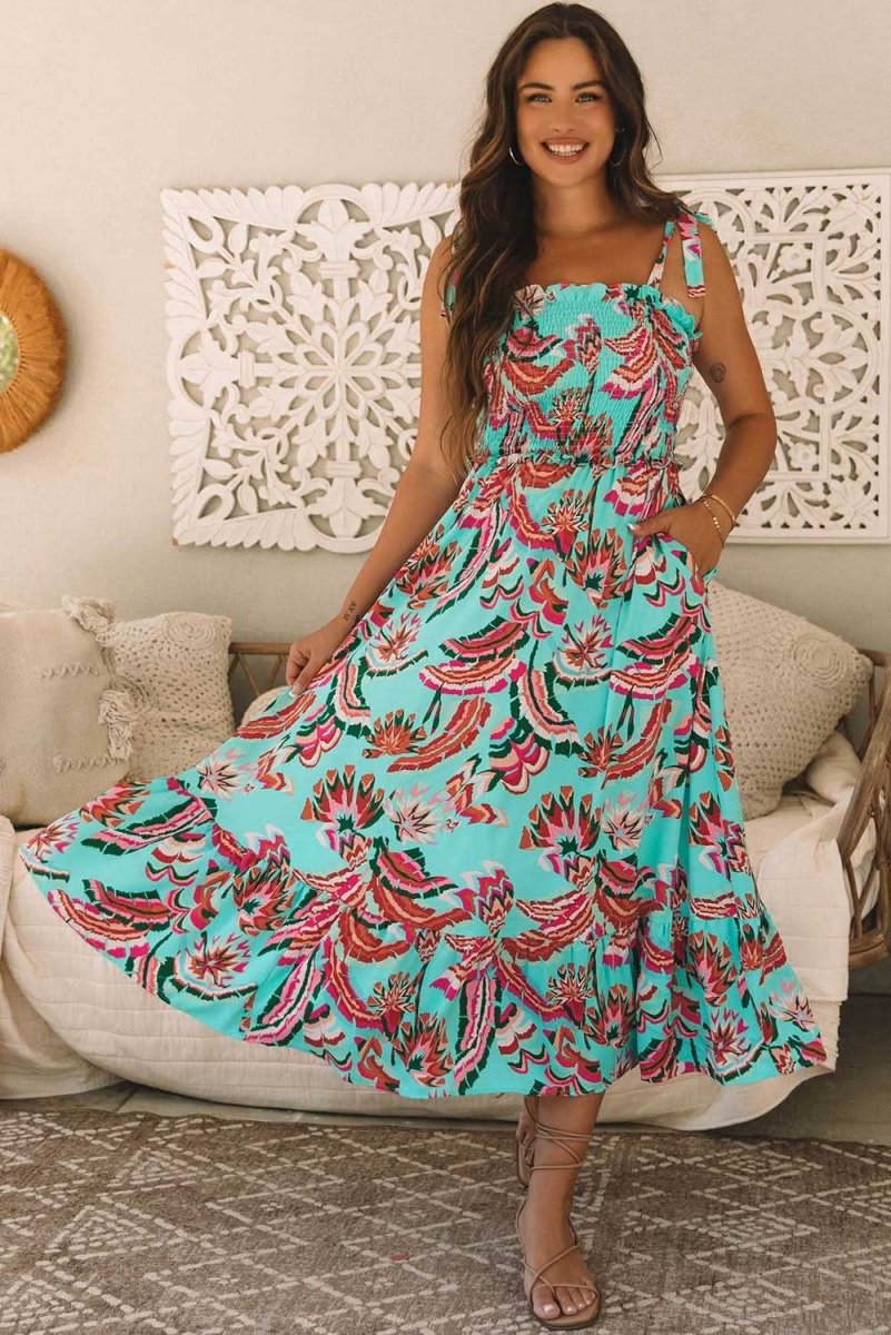 Bohemian Green Abstract Print Ruffled Maxi Dress with Smocked Bodice and Knotted Straps - Love Salve 