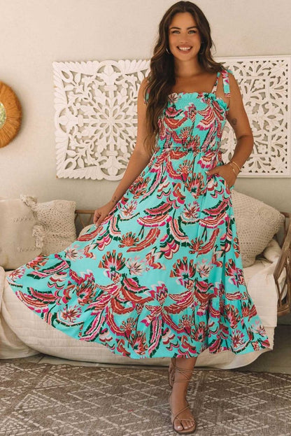 Bohemian Green Abstract Print Ruffled Maxi Dress with Smocked Bodice and Knotted Straps - Love Salve 