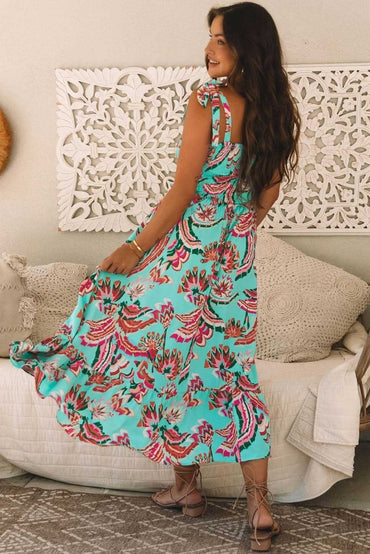 Bohemian Green Abstract Print Ruffled Maxi Dress with Smocked Bodice and Knotted Straps - Love Salve 