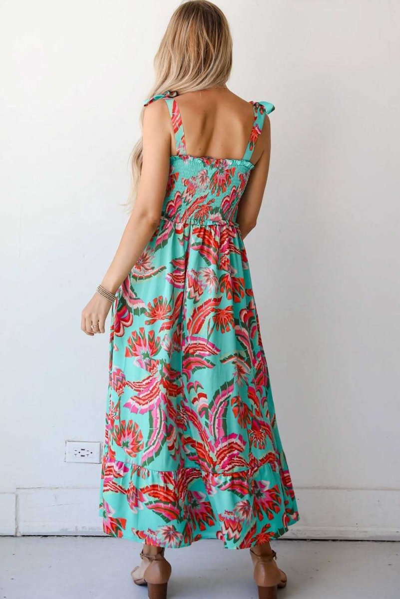 Bohemian Green Abstract Print Ruffled Maxi Dress with Smocked Bodice and Knotted Straps - Love Salve 