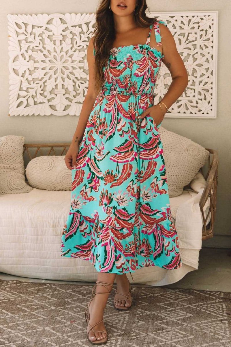 Bohemian Green Abstract Print Ruffled Maxi Dress with Smocked Bodice and Knotted Straps - Love Salve 