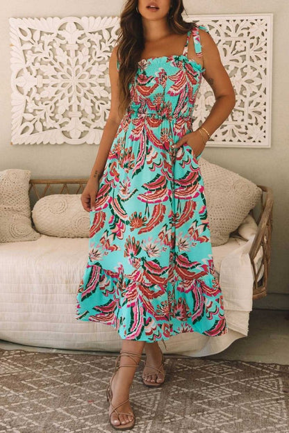 Bohemian Green Abstract Print Ruffled Maxi Dress with Smocked Bodice and Knotted Straps - Love Salve 