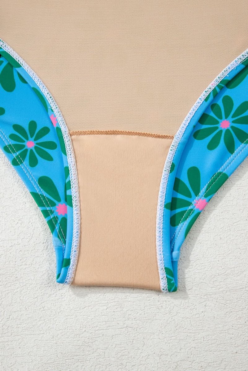 Bohemian Orange Floral Colorblock Spaghetti Strap Bodycon Teddy Swimsuit - Love Salve