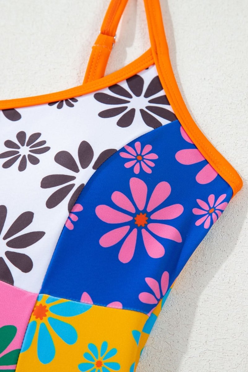 Bohemian Orange Floral Colorblock Spaghetti Strap Bodycon Teddy Swimsuit - Love Salve