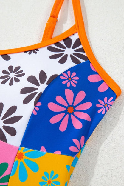 Bohemian Orange Floral Colorblock Spaghetti Strap Bodycon Teddy Swimsuit - Love Salve