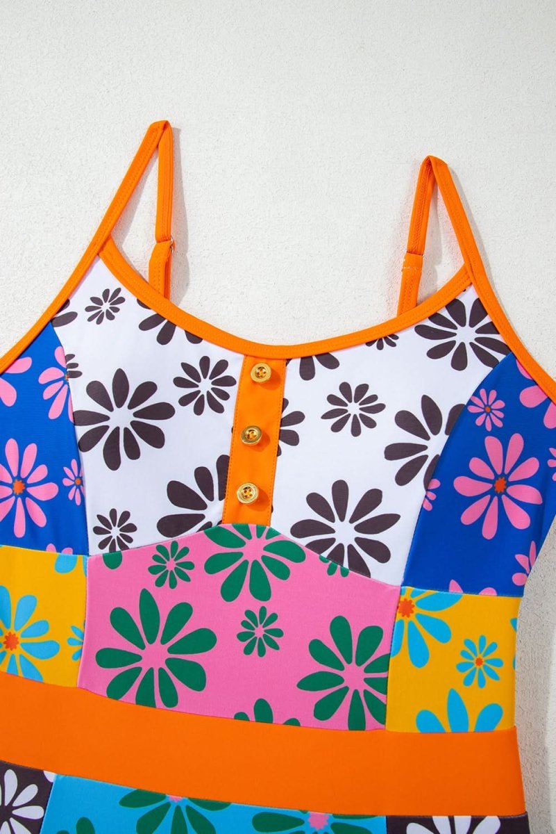 Bohemian Orange Floral Colorblock Spaghetti Strap Bodycon Teddy Swimsuit - Love Salve