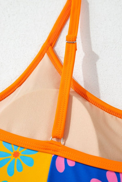 Bohemian Orange Floral Colorblock Spaghetti Strap Bodycon Teddy Swimsuit - Love Salve
