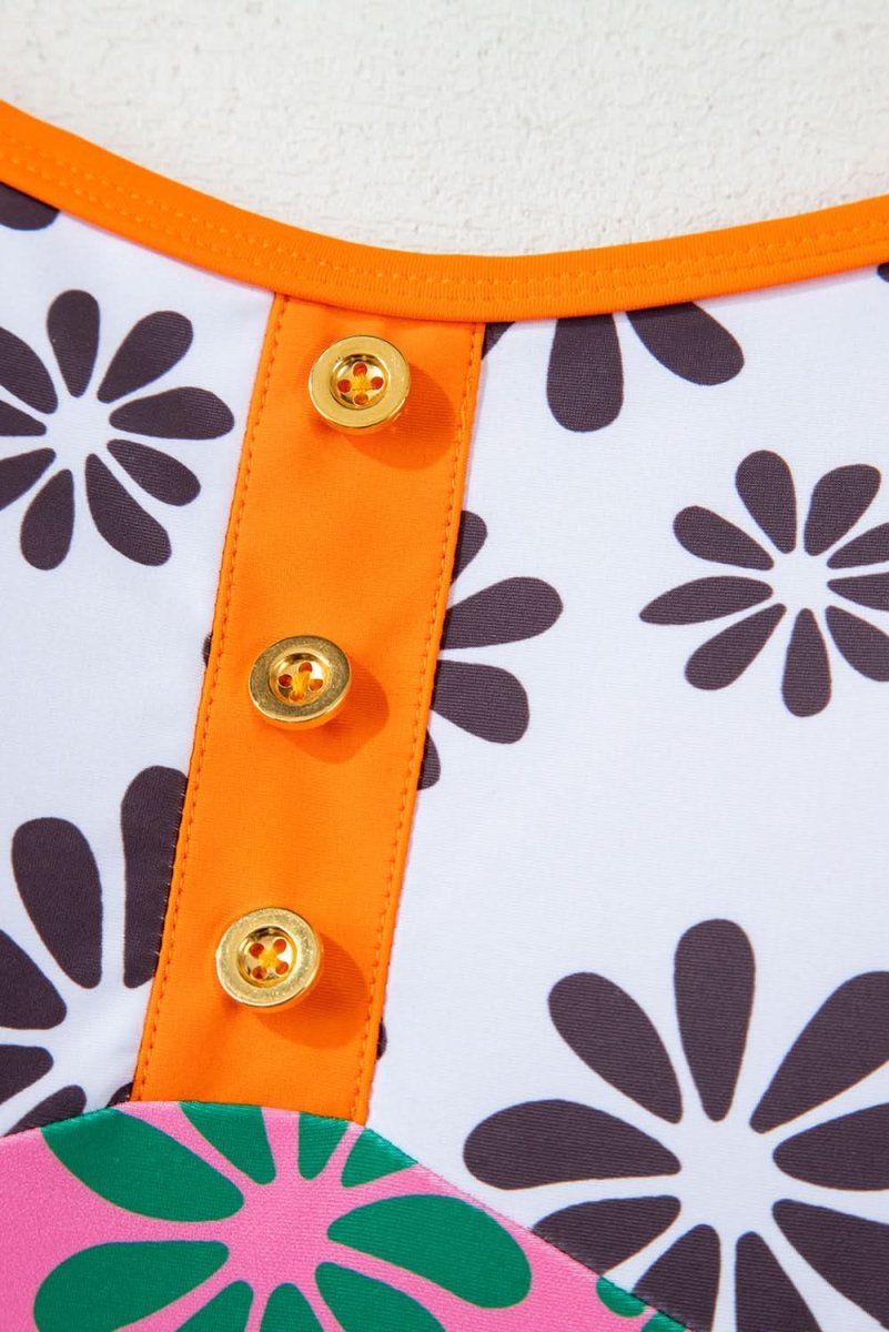 Bohemian Orange Floral Colorblock Spaghetti Strap Bodycon Teddy Swimsuit - Love Salve