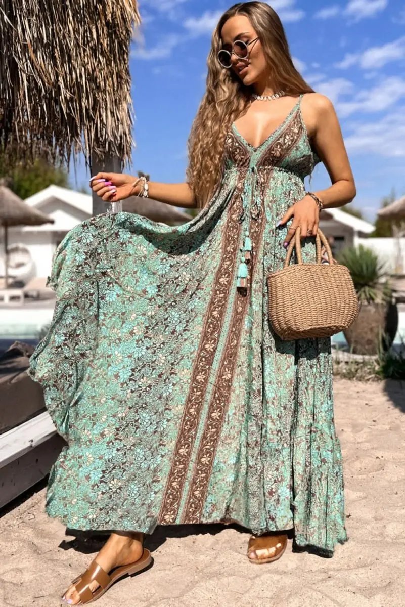 Boho Green Floral V Neck Maxi Dress with Ruffled Trim - Love Salve 