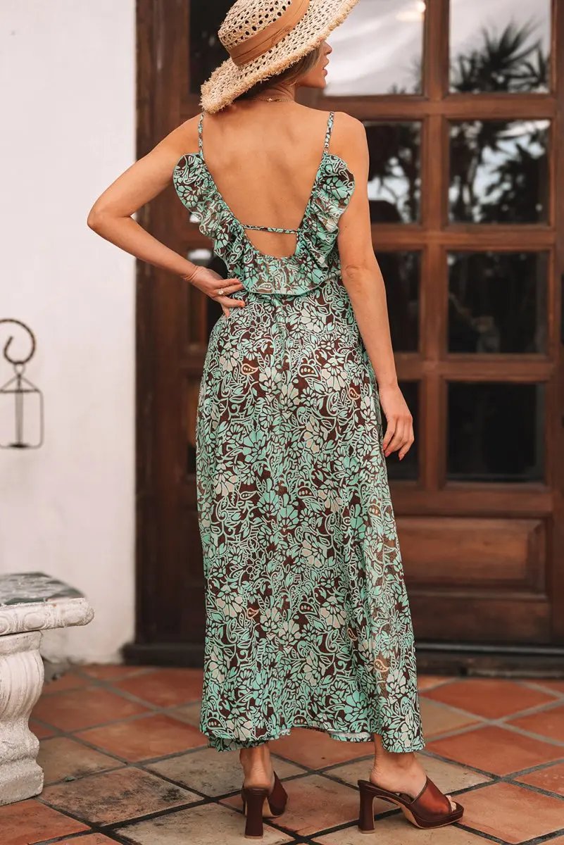 Boho Green Floral V Neck Maxi Dress with Ruffled Trim - Love Salve 