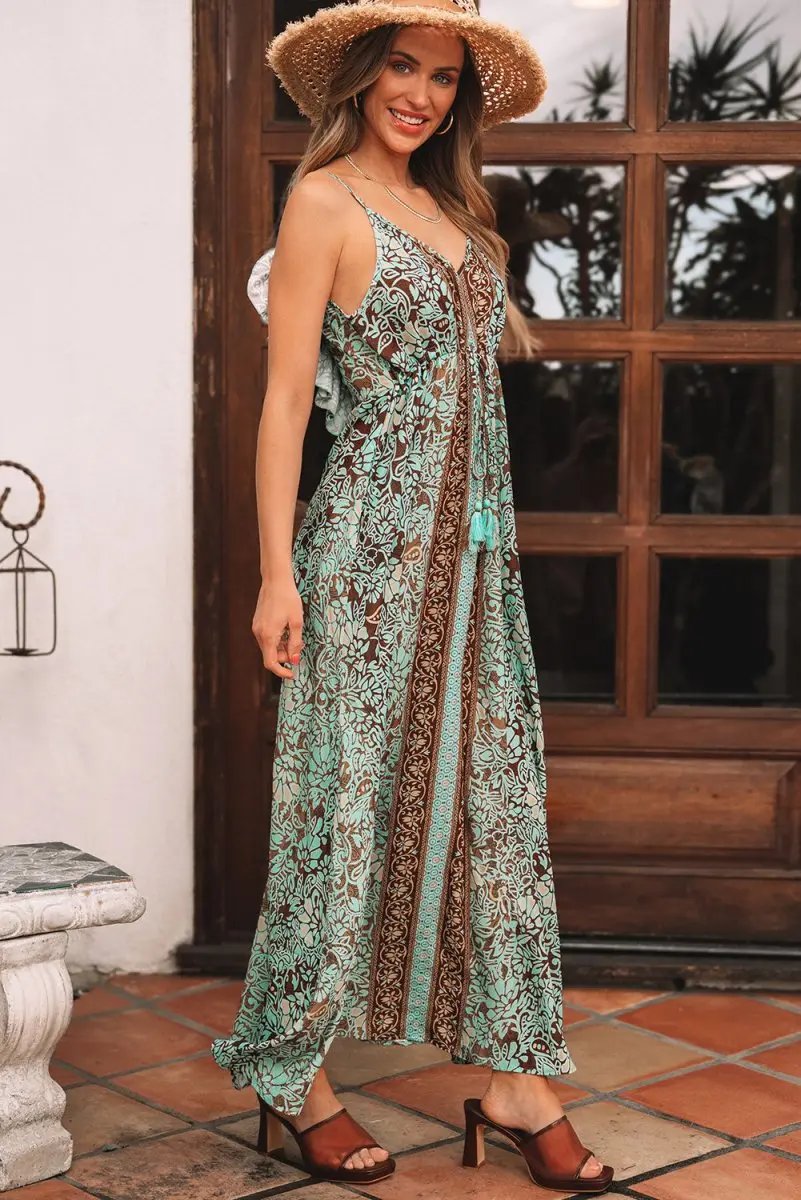 Boho Green Floral V Neck Maxi Dress with Ruffled Trim - Love Salve 