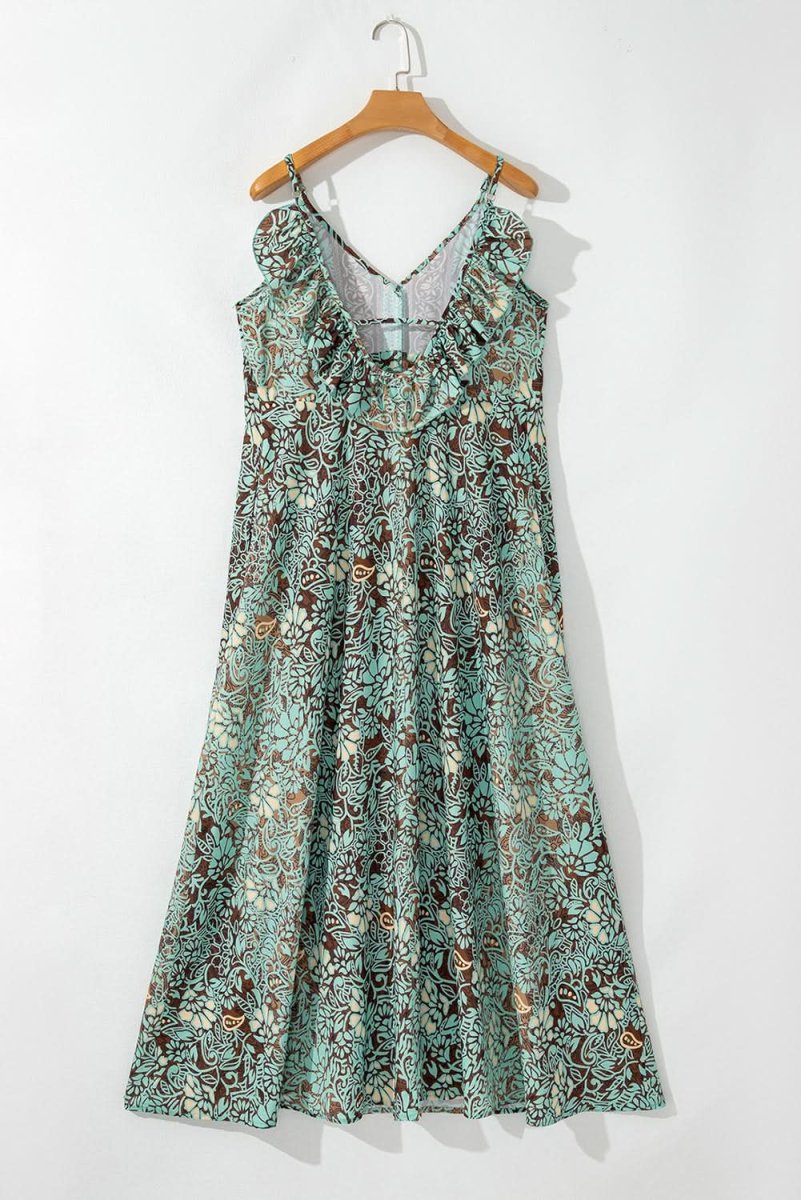 Boho Green Floral V Neck Maxi Dress with Ruffled Trim - Love Salve 