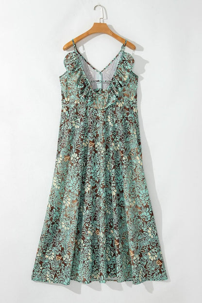 Boho Green Floral V Neck Maxi Dress with Ruffled Trim - Love Salve 