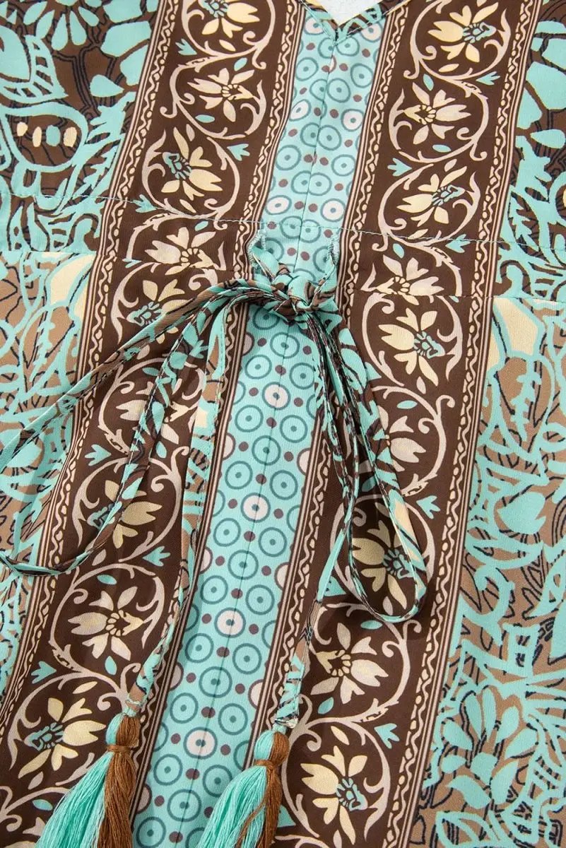 Boho Green Floral V Neck Maxi Dress with Ruffled Trim - Love Salve 