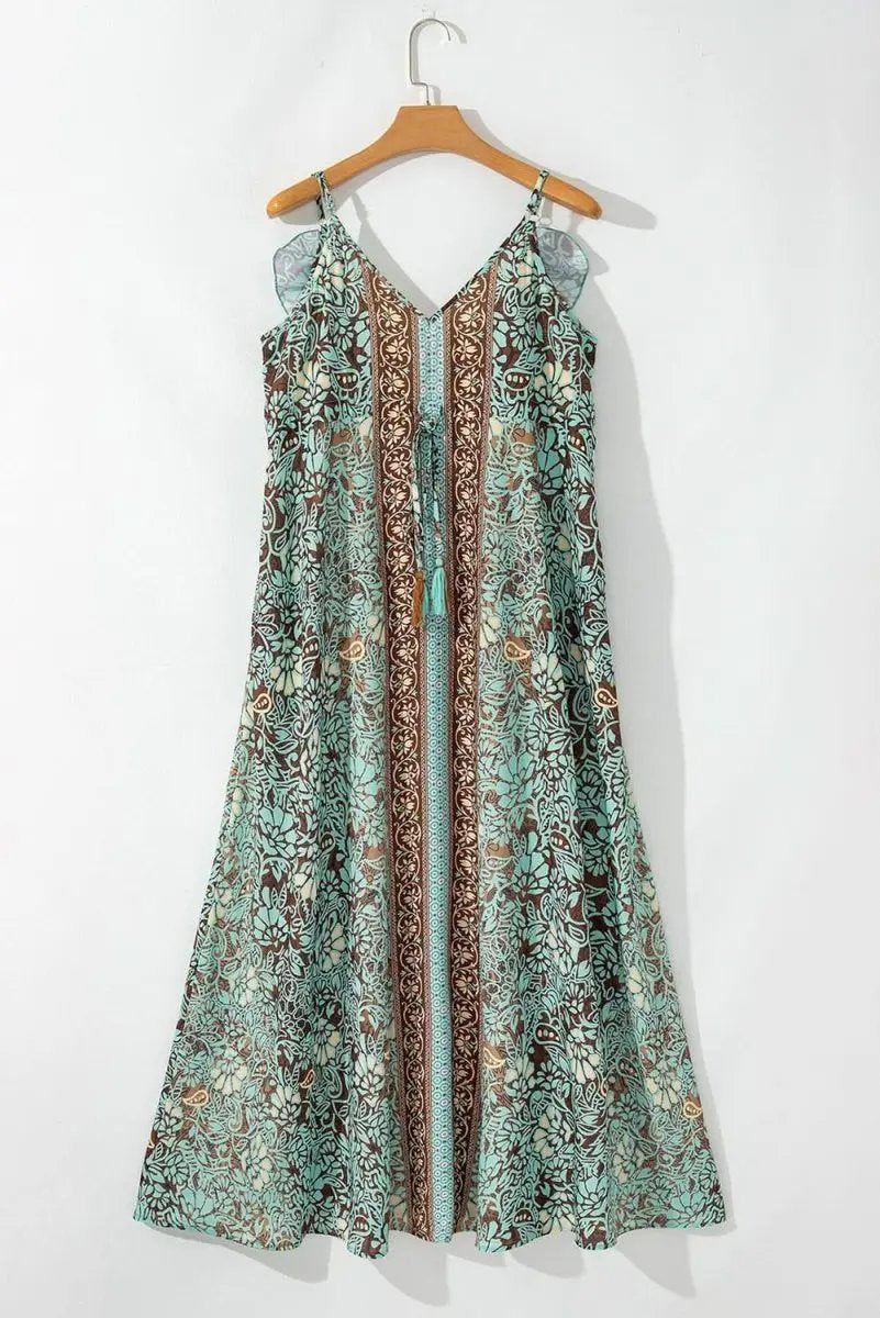 Boho Green Floral V Neck Maxi Dress with Ruffled Trim - Love Salve 