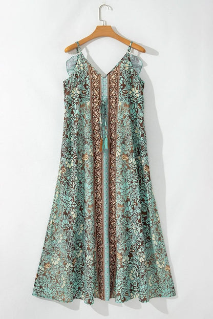 Boho Green Floral V Neck Maxi Dress with Ruffled Trim - Love Salve 